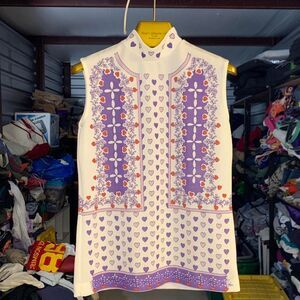 True Vtg 60s Deronette Heart Pattern Funky Paisley Double Knit Blouse Sz S / M